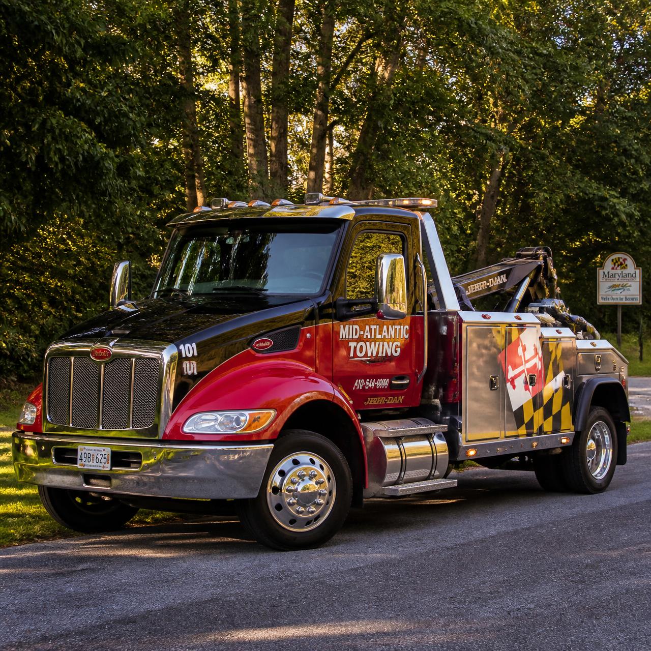 Maryland flag styled tow truck parked on a road near Hyattsville, Maryland