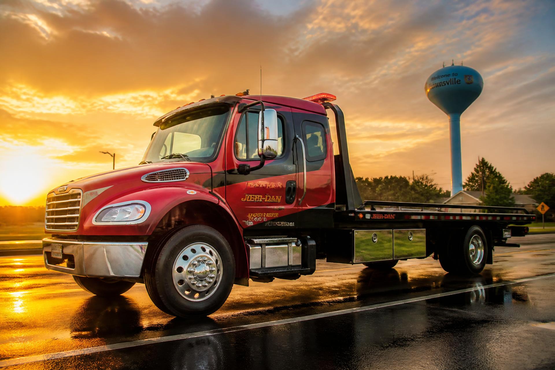 Red and black flatbed tow truck on a Maryland road at sunset