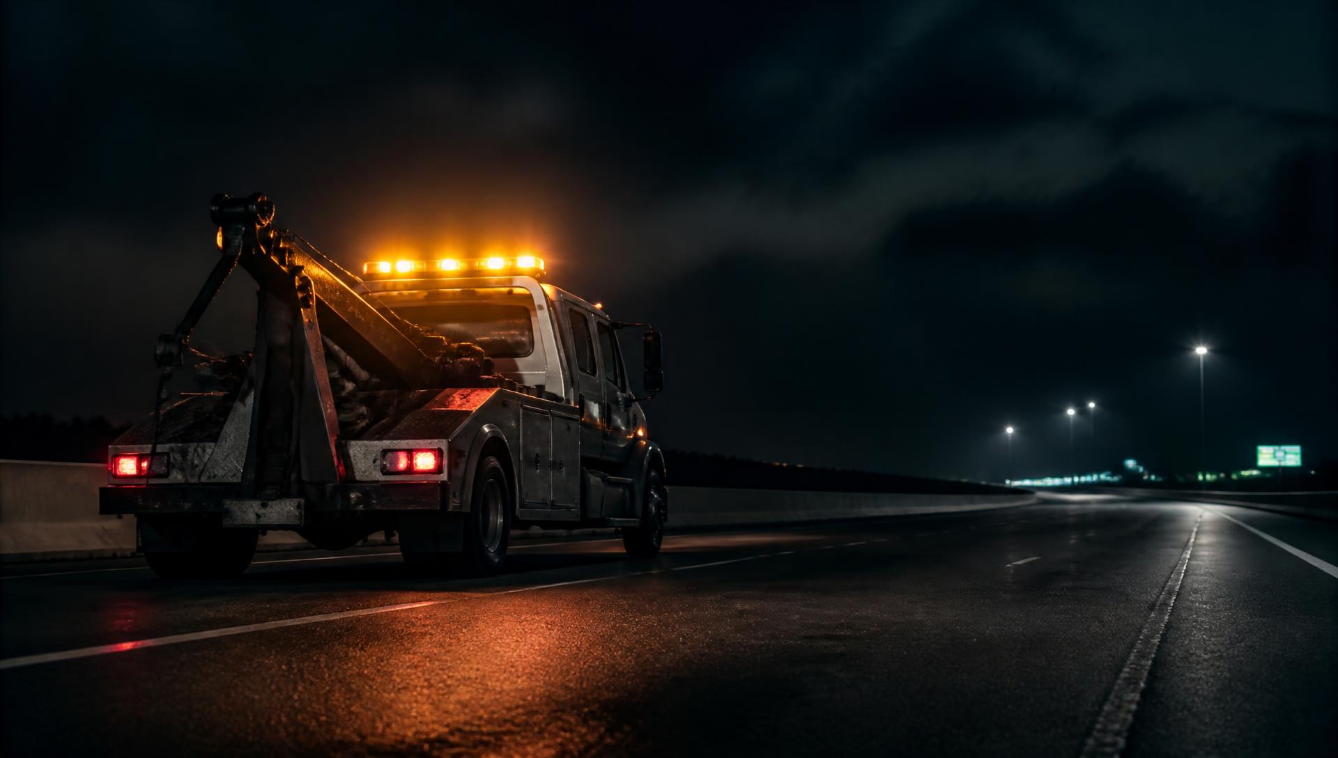 Tow truck with amber warning lights on a Maryland highway at night